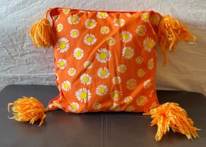 Vintage Retro 70s Orange Daisy Corduroy Tassels Floral Throw Pillow Decor 13x13” - Picture 1 of 8