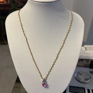 Pink Sapphire Set In 10 K Gold With An Accent Stone  Hanging In A 14 K Necklace - Picture 1 of 8