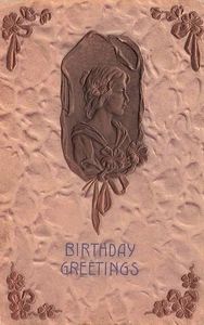 LOVELY BIRTHDAY POSTCARD PRETTY WOMAN BAS RELIEF CAMEO POSTCARD 1910 081925 U - Picture 1 of 2