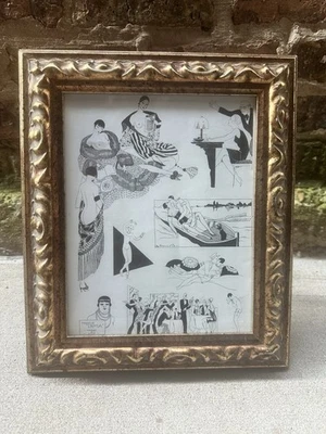 Ilustración negra francesa vintage impresión enmarcada oro Art Deco dibujo estilo erótico Foto 1 de 4