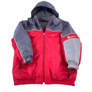 Vintage Nike Puffer Jacket Boys Medium Red Gray Reversible Parka Ski Coat Y2K * - Picture 1 of 13
