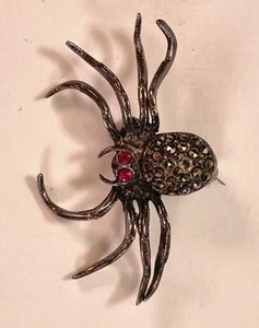 Spilla ragno vintage in argento sterling 925 marcasite/pietra rosa - Foto 1 di 2