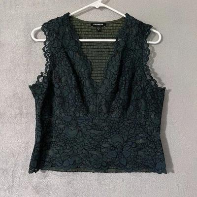 Express Crop Cami Tank Top Dark Green Womens Sz M Babydoll Stretch Smocking - Image 1 of 4