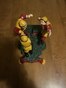 Vintage Cast Iron Mechanical Rugby Football Players Bank Reproduction - Picture 1 of 7