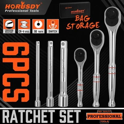 6PC 1/4" 3/8" 1/2" Drive Ratchet Socket Wrench Handle Extension Bar 90 Tooth - Image 1 of 4