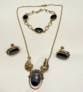 VINTAGE WALTER LAMPL GOLD FILLED & BLACK ONYX NECKLACE, BRACELET, & EARRINGS SET - Picture 1 of 7