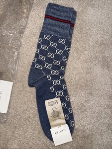 Gucci Logo Jacquard Cotton Blend Socks Blue Size M 11 (24-26cm) Authentic - Picture 1 of 6