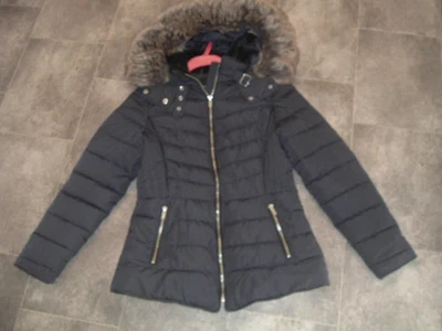 size 10 new look navy padded puffer jacket with furry trim hood - Image 1 of 4