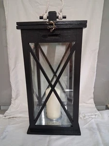 Large Vintage Black Wooden And Glass Lantern With Pillar Candle - Picture 1 of 11