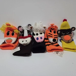 Russ Strick Hand Socken Puppen Tiger Kuh Pferd Löwe Bär Vintage Artikel 3574 5er Set - Bild 1 von 18