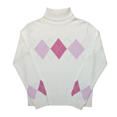 Preppy Argyle Turtleneck Sweater Womens Small Ivory Pink Cotton Blend Classic - Image 1 of 4