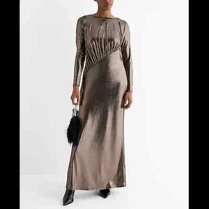 Express Pewter Metallic Long Sleeve Ruched Maxi Dress Size Medium - Picture 1 of 6