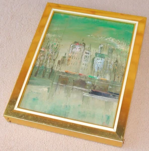 Moderne Stadtszene Ölgemälde schönes Geschenk Boot Gebäude Nachlass Fluss WOW YW - Bild 1 von 11