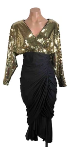 Tadashi Vintage Formal Gown Black Gold Sequin Ruched Draped Cocktail Party Dress - Picture 1 of 16