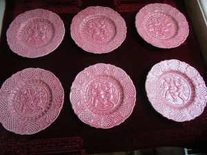 Jugendstil Keramik STEIDL ZNAIM Majolika Teller Sett rose pink ENGEL PUTTO 1895 - Bild 1 von 8