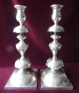2 Antique Norblin Silverplate 12" Sabbath Candlestick Holders, Roses, Poland - Picture 1 of 9