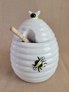 Dispensador de Olla de Miel con Cucharón y Tapa "HONEY BEE" Decorado Cerámica Blanco   - Imagen 1 de 12