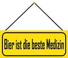 Schild Spruch "Bier ist die beste Medizin" gelb 27 x 10 cm mit Kordel