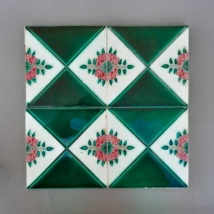 antique orig. majolica geometric and floral ceramic JAPAN saji tile 4pcs lot 6" - Picture 1 of 7