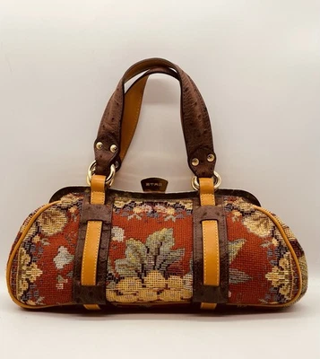 Bolso Tapiz Floral Coleccionista Etro Años 2000 Cuero Marrón y Ocre Hecho en Italia Foto 1 de 4