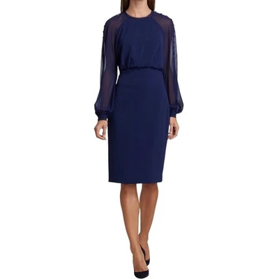 Badgley Mischka Navy Chiffon Long Sleeve Cocktail Midi Dress Size 2 - Image 1 of 4
