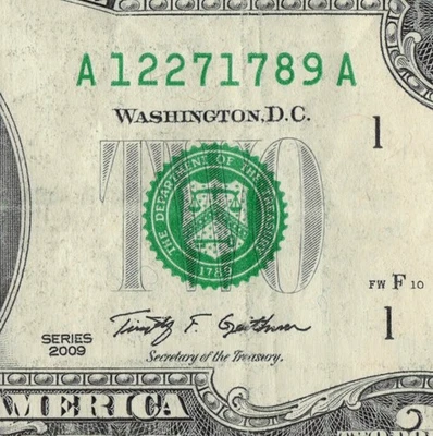 12/27/1789 Birth/Annv/Tomb 2$ Bill Fancy Serial# 2009 A12271789A - Image 1 of 4