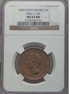 FRANCE LOUIS PHILIPPE 1840 5 CENTIMES "ESSAI" UNCIRCULATED CERTIFIED NGC MS63 - Picture 1 of 6