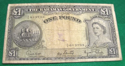 Bahamas  Banknote 1 Pound, 1953 P-15c QE II Ship Circulated S630 - Image 1 of 2