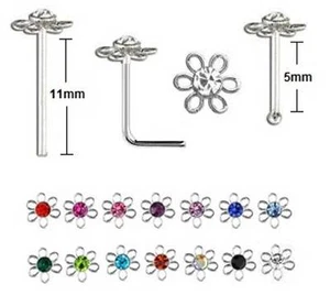 Nose Stud 925 Silver - Flower - Thin 0.6mm - Bend Yourself, Straight or L Shape - Picture 1 of 1