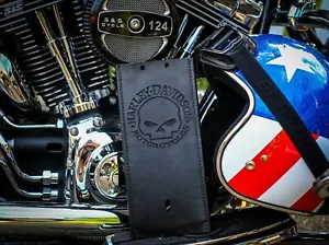 Black Leather Gas Tank Panel Bib Retro Skull Fits Harley Davidson Softail - Picture 1 of 8