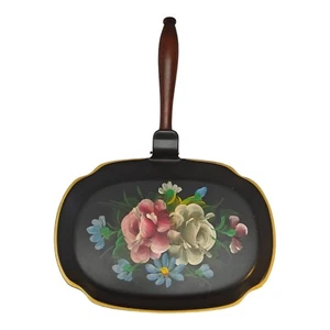 Ancien attrape miettes majordome silencieux en toleware fleurs peintes à la main noir Nashco - Photo 1/8