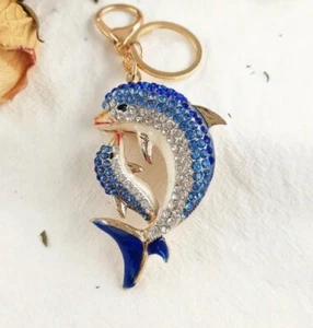 Sparkling Rhinestone Dolphin w/ Baby Keychain / Key Chain Purse / Backpack Charm - Picture 1 of 1
