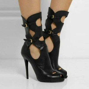 Womens Fashion Peep Toe Cutout Buckles High Heel Ankle Boots Sandals Shoes DIID - Picture 1 of 2