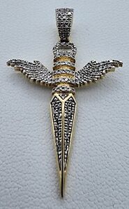 10k .417 Gold .12 ctw Diamond Iced Wing Cross Dagger Sword Pendant Charm Au 2382