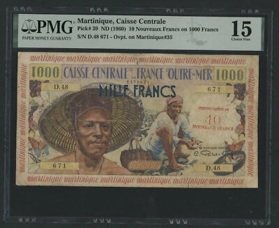 MARTINIQUE  10 NOUVEAUX  FRANCS ON 1000 FRANCS 1960 PICK # 39 PMG 15 CHOICE FINE - Image 1 of 4
