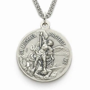 MENS NAVY SAINT MICHAEL PROTECT ME STERLING SILVER  MEDAL PENDANT WITH CHAIN - Picture 1 of 2