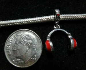 UNBRANDED 925 SILVER RED ENAMEL CLEAR CZ MUSIC HEADPHONE DANGLE EUROPEAN CHARM   - Picture 1 of 4
