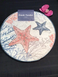 Seaside 4 PC set placemats 15” round Starfish accent beaded beach house - Picture 1 of 6