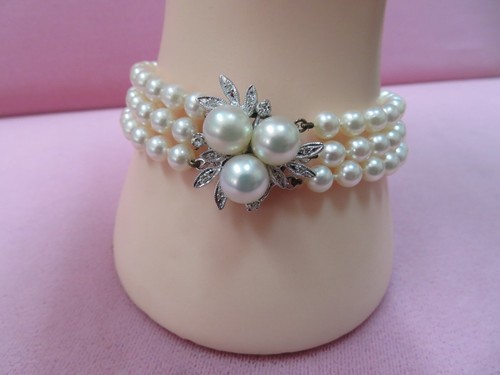 OFF WHITE 8" 13k (contrassegnato 14k) Bracciale Perla Oro Bianco Diamante Fibbia Triplo Filamento