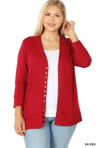 1X 2X 3X Snap Button 3/4 Quarter Sleeve Sweater Cardigan Ribbed Detail Neckline - Picture 1 of 32