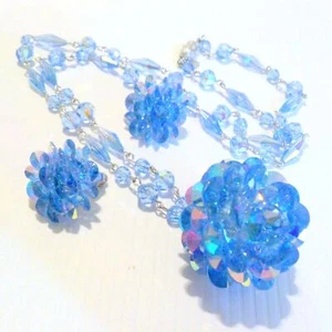 Vintage Vendome Blue Aurora Borealis Crystal Necklace Earring Demi Parure Set - Picture 1 of 8