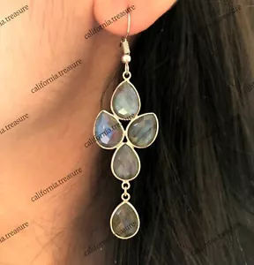Labradorite Earrings 925 Sterling Silver Dangle Earrings Faceted Labradorite - Picture 1 of 3