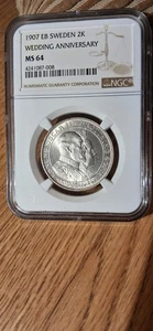 NGC MS64 1907 SWEDEN SILVER 2 KRONER GOLDEN WEDDING COIN  - Picture 1 of 4