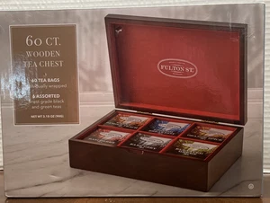 Teetruhe aus Holz 60 Beutel Fulton St Finest Schwarz Grün Ingwer Pfirsich Orange Gewürz - Bild 1 von 10