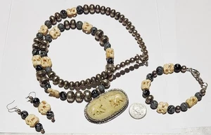 Conjunto de pendientes pulsera parure collar elefante obsidiana copo de nieve de plata esterlina - Imagen 1 de 24