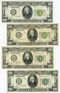 FR #2052B $20 1928B (4) Federal Reserve Notes New York Gold Clause DC-6329 - Picture 1 of 3