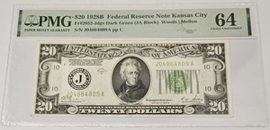 1928 B $20 Dollar Federal Reserve Note Kansas City FR2052 Dark Green Seal PMG 64 - Picture 1 of 6