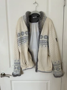 Dale of Norway Wool Faux Fur Inset Fair Isle Nordic Jacket Women's Cardigan L - Picture 1 of 7