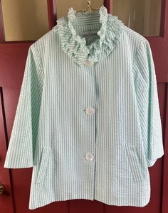 Sara Campbell Seersucker Swing Jacke Knopf grün/weiß Rüschen Designer-L gebraucht, in einwandfreiem Zustand - Bild 1 von 10