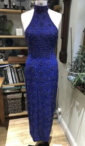 SIZE 12 VINTAGE QUALITY BLUE EVENING DRESS CHOKER NECK HEAVY BRONZE BEADING - Picture 1 of 7